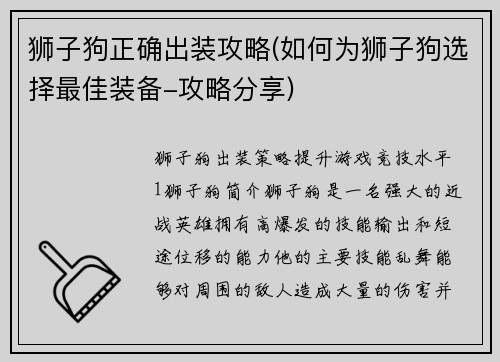 狮子狗正确出装攻略(如何为狮子狗选择最佳装备-攻略分享)